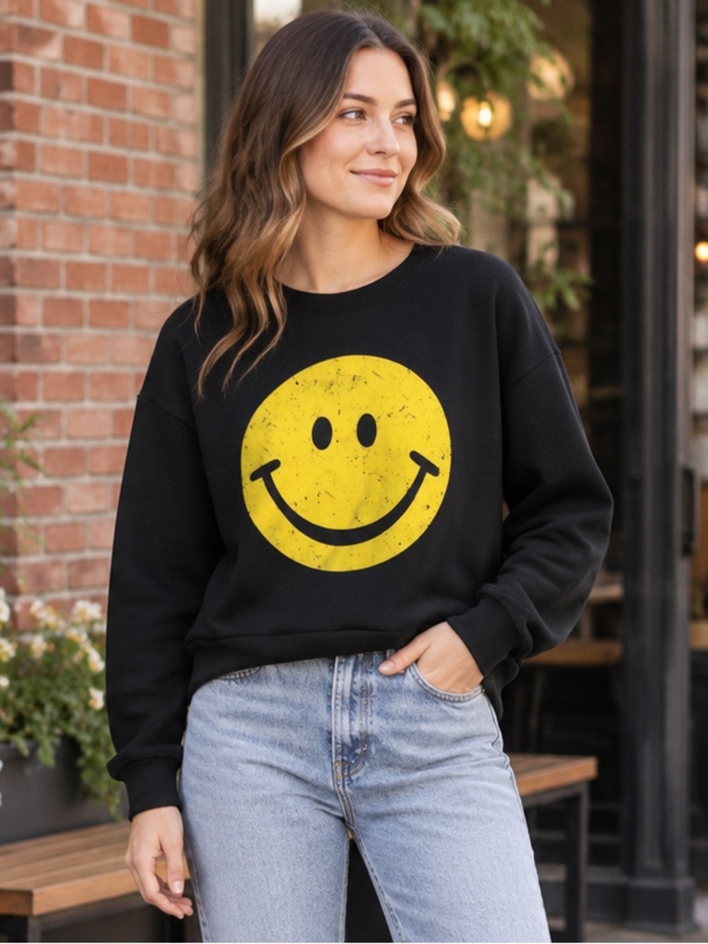 Tres Bien Black Crewneck Sweatshirt with Yellow Smiley